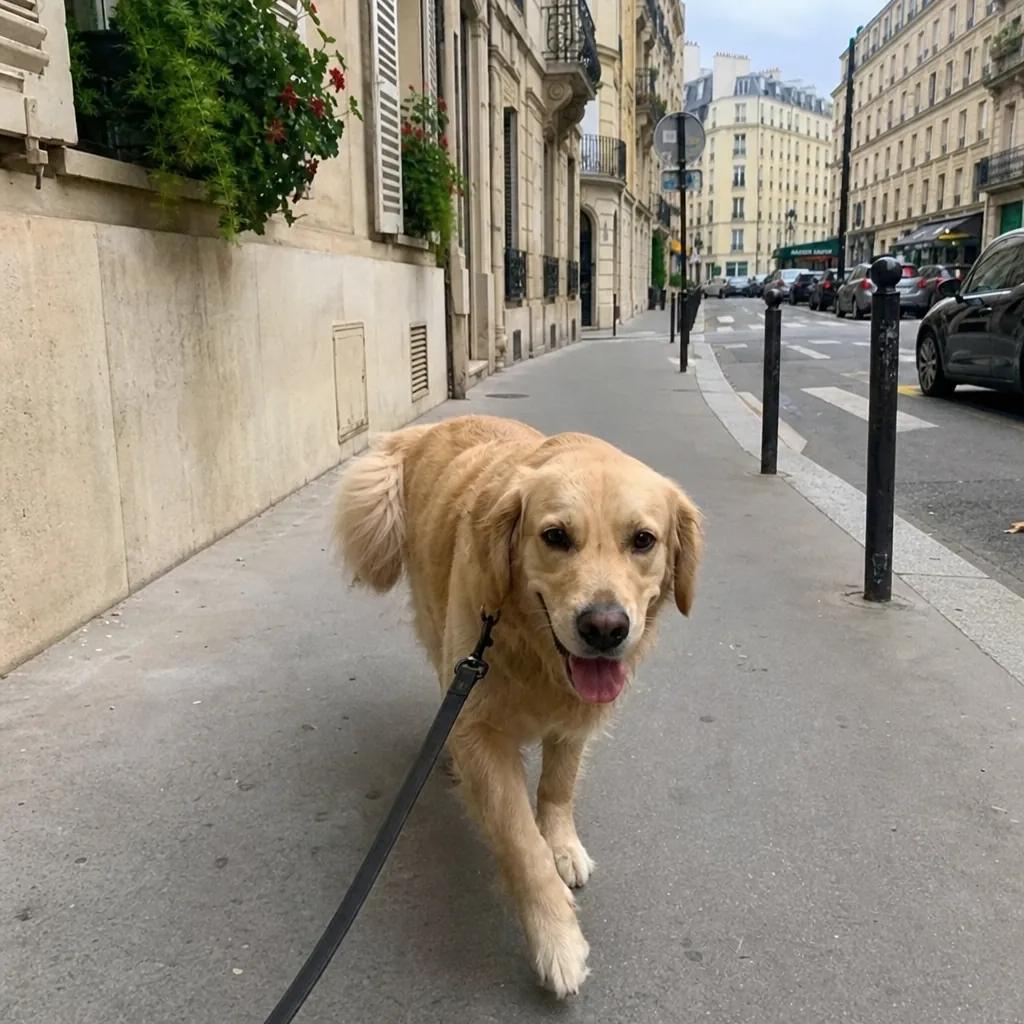 Chien en promenade dans une rue parisienne