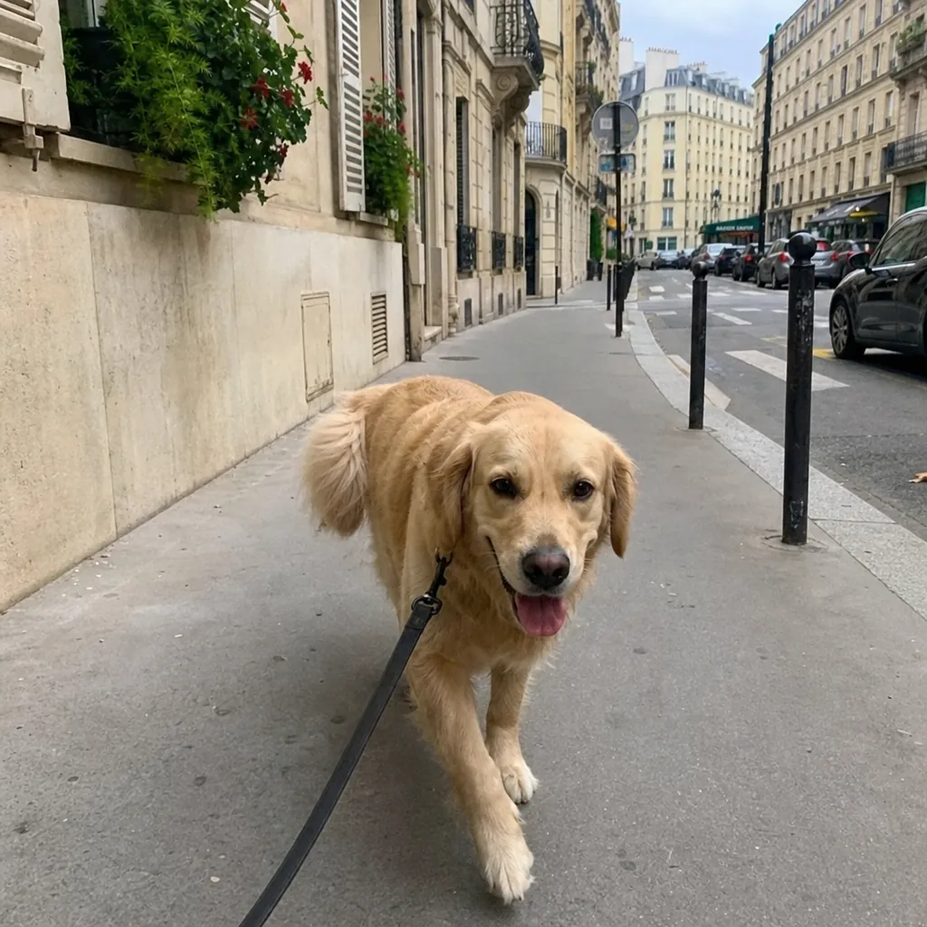 Chien en promenade dans une rue parisienne
